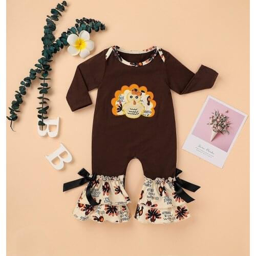 2020 Newborn Toddler Infant Baby Girls Clothes Long Sleeve Thanksgiving Cartoon Turkey Print Rompers Jumpsuit Baby Girl Romper