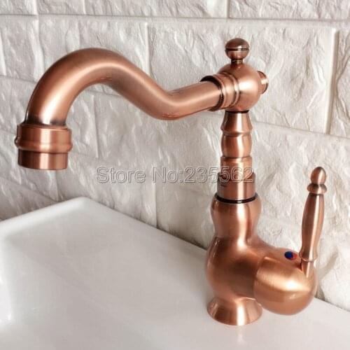Antique Red Copper Swivel Spout Bathroom Sink Faucets Single Hole/Handle Wash Basin Mixer Taps Lnf404