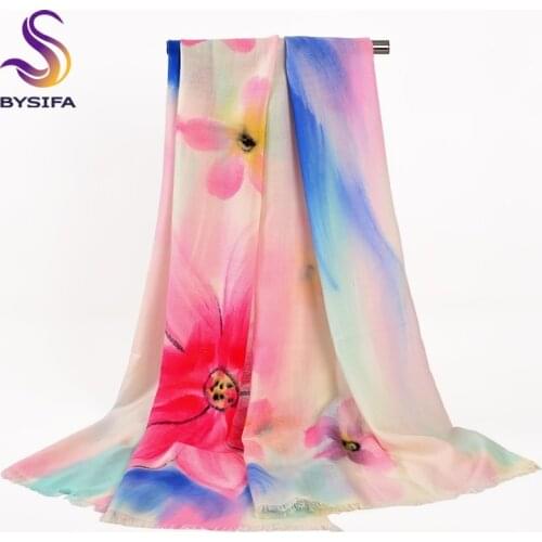 [BYSIFA] Brand Blue Pink Wool Scarves Women Winter Top Grade Thicken Scarves Wraps Tassel Floral 100% Wool Shawl Scarf 180*70cm