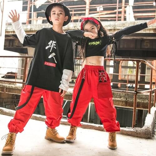 Kids Jazz Hip Hop Costumes Girls Crop Tops Red Hiphop Pants Boys Street Dance Performance Clothing Hip-Hop Stage Outfits BL5749