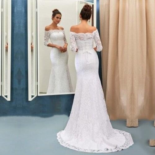 Eightale Boho Wedding Dresses with Half Sleeves Boat Neck Lace Wedding Gown Mermaid Elegant Bride Dress Lace Up Vestido De Noiva