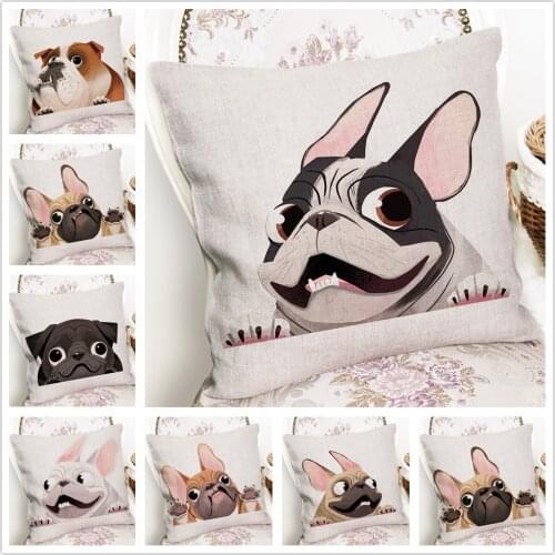 Bulldog Puppy Blowing Hair Cartoon Pattern Linen Cushion Cover Pillowcase Home Sofa Car Decoration Pillowcase 45X45Cm