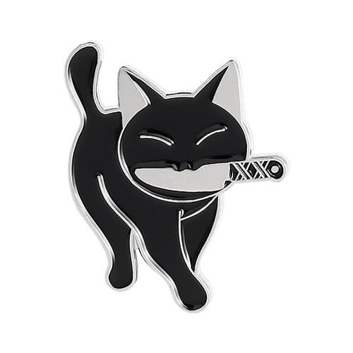 Cartoon Black Killer Cat Enamel Pins Funny Animal Kitten Knife Brooch Cute Lapel Pins Shirt Hat Badge Jewelry Gift For Friends