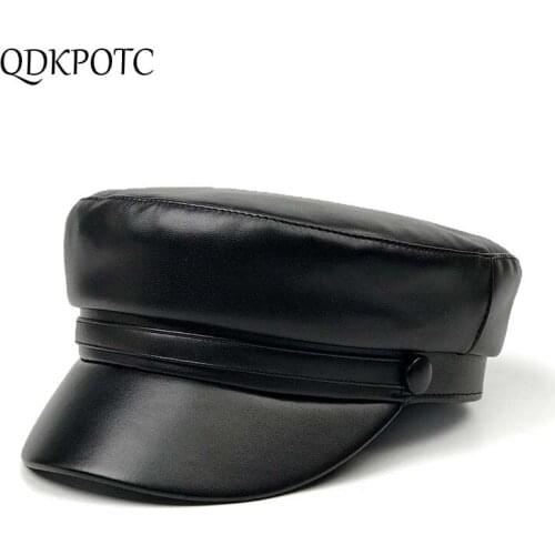 QDKPOTC 2018 New Military Hats Fashion Women Autumn Winter Visor Cap PU Leather Black Unisex Flat Top Army Hat