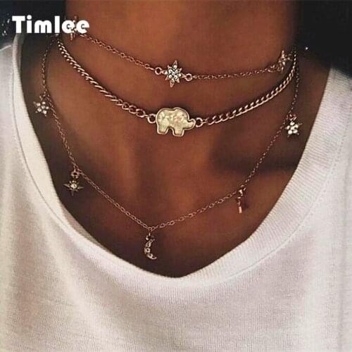 Timlee N014 Free shipping Fashion Moon Elephant Stars Pendant Chokers Multilayer Necklaces Wholesale