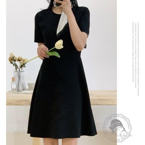 High grade Heavy mulberry silk Small Black Dress summer women Looks Thin And Tall slim o-neck Short Sleeved long skirt one-piece