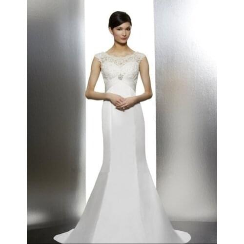 Robe for bridal Corded schiffli lace cap sleeves satin mermaid bateau deep V-back beaded medallion Bespoke Wedding Dresses