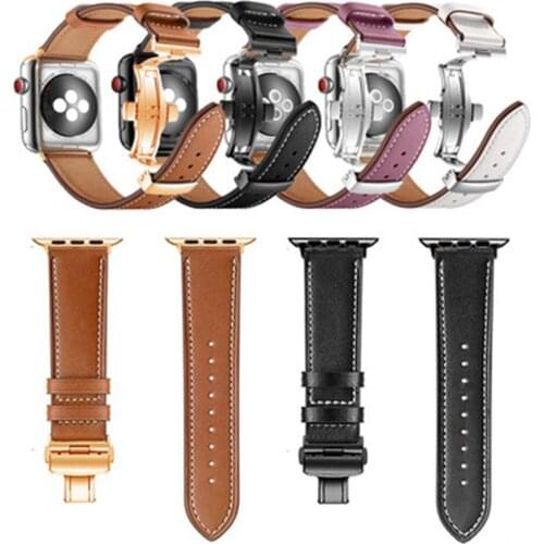 Genuine Leather Strap for Apple Watch SE Band Series 6 5 4 44mm 40mm 42mm 38mm Bracelet for iwatch 3 Butterfly Buckle Watchband