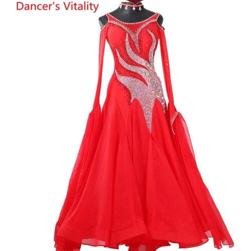 Luxurious Waltz Dance Competition Costume Diamond Ribbon Sleeve Dress Ballroom Waltz Jazz National Standard Dancing Stage Outfit