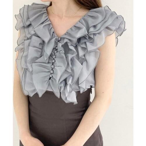 Family 2021 S spring and summer new sweet fairy V-neck lotus leaf fly sleeve lace up chiffon shirt