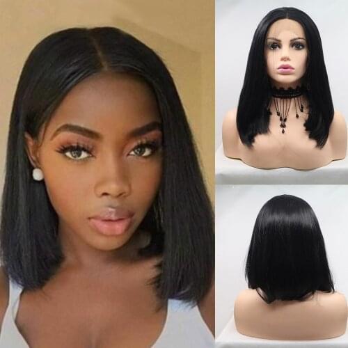 Baicheng BLack Lace Front Synthetic Wigs for Women Glueless Long Straight Wigs Dark Lace Frontal Wig Natural Looking