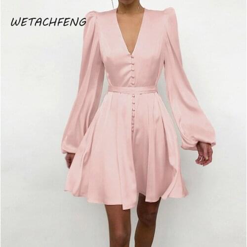 Spring V Neck Mini Satin Dress Sexy Slim Lantern Sleeve Ladies Button Elegant A-Line 2021 Party Dress Women Clothing Vestidos