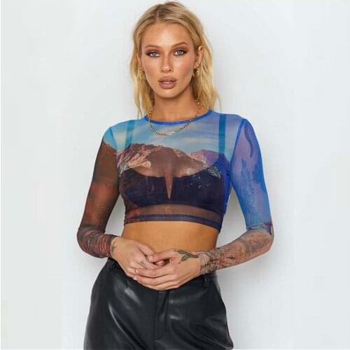 Puloru Womens Sheer Mesh T-Shirts Y2K 90s Vintage Mountain Print See Through Long Sleeve Crew Neck Slim Fit Crop Tops