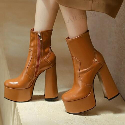 LAIGZEM Women Ankle Boots Real Leather Platform 14.5CM Block High Heels Booties Zip Up Ladies Female Shoes Woman Big Size 38 40