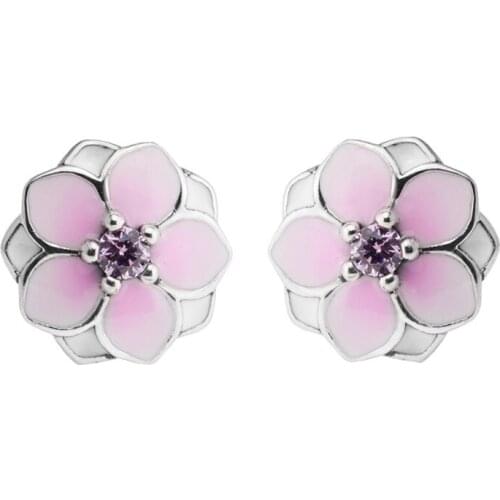 Magnolia Bloom Pink Flower Women Earrings Jewelry Spring Silver 925 Jewelry Pink Enamel Silver Earrings for Women Jewelry Gifts