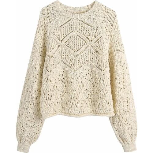 Za Women New Autumn Retro Solid Color Hollowed Out O-neck Knitted Short Top Vintage Sweater XITIMEAO