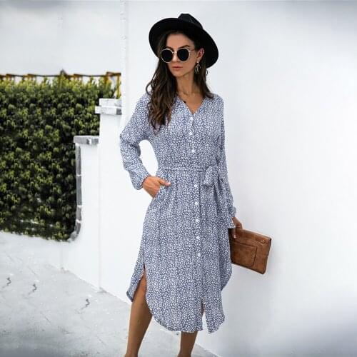 Womens Fashion V-neck Floral Print Long Sleeve Dress Spring Autumn Button Lace Up Pockets Casual Loose Split Irregular Dresses