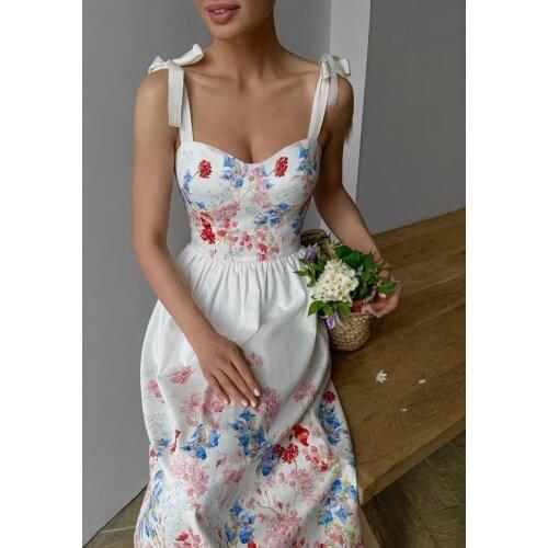 Summer dress 2021 new fashion print bow tie strap shoulder strap sling temperament white print dress woman