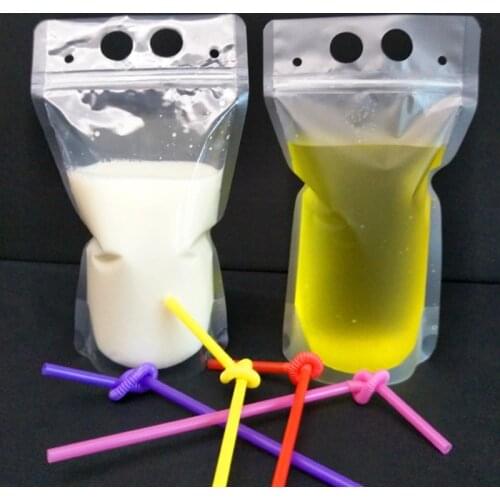 250ml 500ml 750ml 1000ml Clear Drink Pouches Bags frosted Zipper Stand-up Plastic Drinking Bag with straw and holder Reclosable
