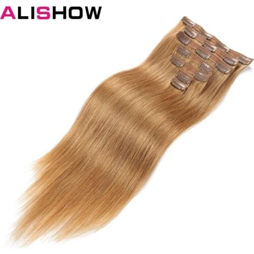 Alishow Human Hair Extensions 100G clip in Remy Hair straight Double Drawn 100% Real Human Hair Light Brown 7pcs