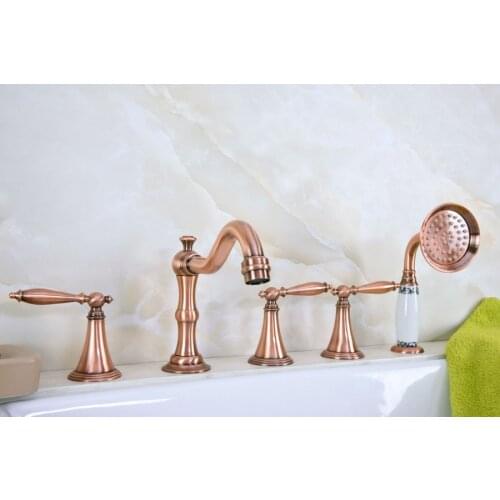 Antique Red Copper Brass Widespread Three Handles Deck Mounted 5 Holes Bathroom Tub Faucet Mixer Tap With Handshower mtf220