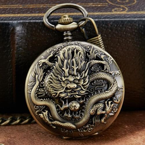 Reloj Retro Quartz Pocket Watches Chinese Dragon Pendant Chain Fob Watch Vintage Necklace For Men Boys Gift Relogio Masculino