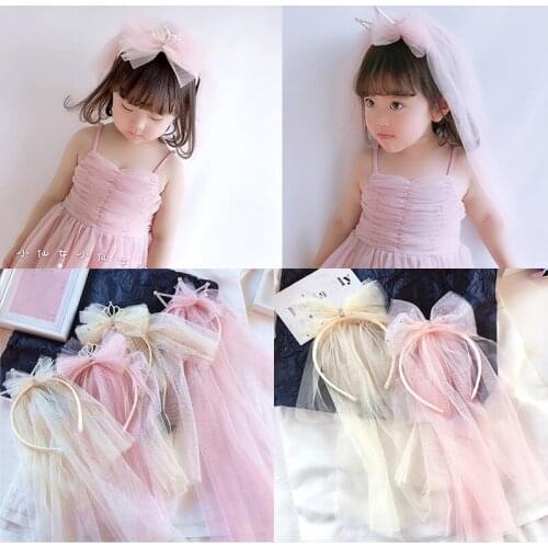 Beige Pink Crown Bowknot Mesh Veil Headband Suppiles Kid Flower Girl Hairband wedding birthday Halloween