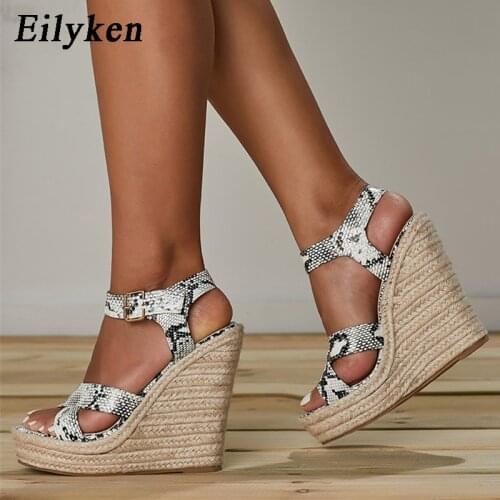 Eilyken 2021 Fashion Solid Platform Sandals Women Serpentine Peep Toe High Heel Wedges Ankle Buckle Strap Sandalia Female Shoes