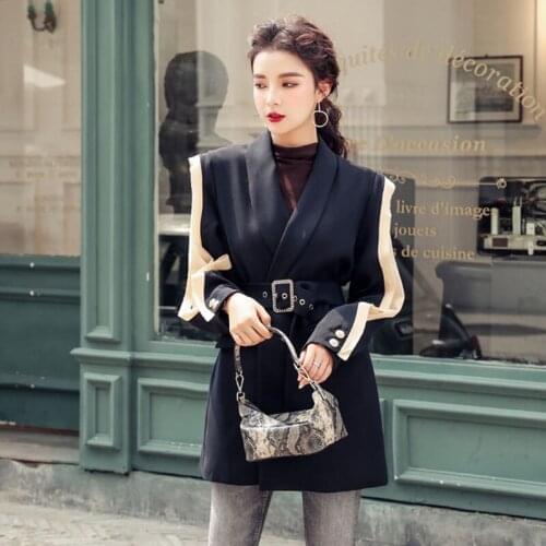 Elegant Womens Blazer Patchwork Long Sleeve Tunic With Belt Waisted Autumn Long Blazers Female 2019 Fashion Clothing