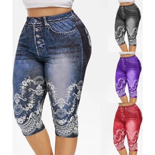 Faux Jeans Leggings Woman Stretch Printed Short Leggins 4\3 Capri Pants Summer Breeches High Waist Perfect Fit Jeans Jeggings