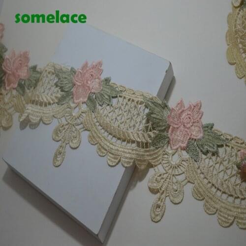 2yds 14cm light gold edge pink floral hollow venise lace DIY lace trim for garments and wedding decoration