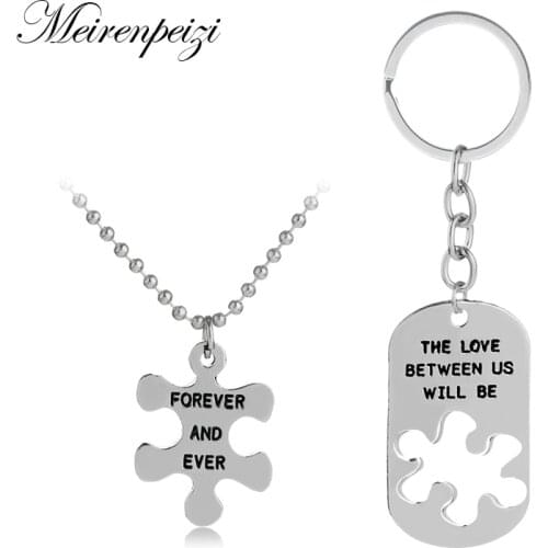 The Love Between Us Will Be Forever And Ever Lovers Puzzle Letter Engraved Dog Tag Keychain & Necklace Valentines Day Gift