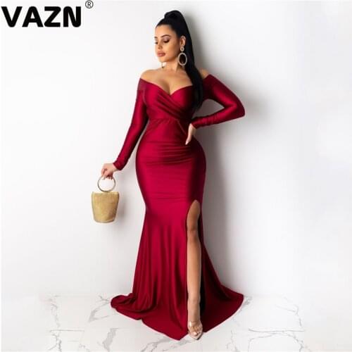 VAZN New 2020 New Floor-length Evening Gown Women Elegant Fashion Club Birthday Shinny Bandage Dress Full Sleeve Sheath Dresses