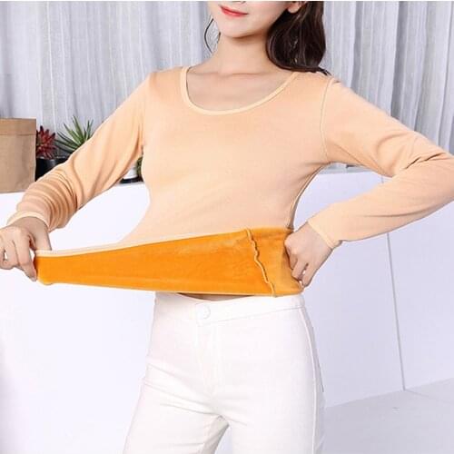 Long Sleeve Single Layer Velvet Thermal Clothing For Women Winter Underwear O-Neck Basic For Thermos Tops Female Second Skin