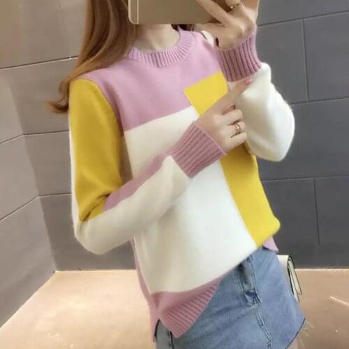 Autumn Candy Color Women\s Sweater Round Collar Colorblock Long Sleeve Knit Top Multicolor with Splicing Thin Tops