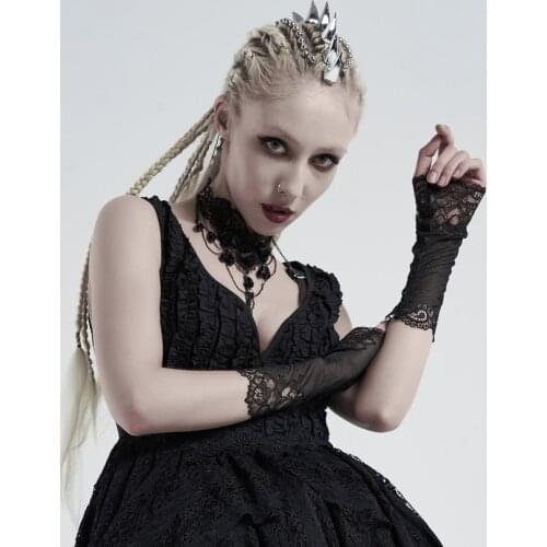 PUNKRAVE Womens Gothic Lace Mesh Fingerless Gloves Hollow Hook Wave Lace Cuffs Delicate Pattern Banquet Prom Gloves