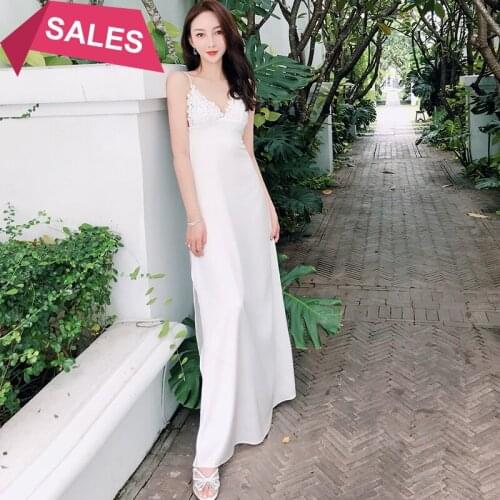 New elegant summer pure white pajamas womens Satin Lace elegant sleeveless split length nightdress home wear