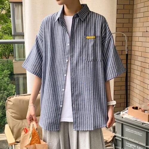 Striped Shirt Men Short-sleeved Classic Harajuku Outerwear Casual All-match Mens Loose Trend Tops Thin Spring And Summer Shirts