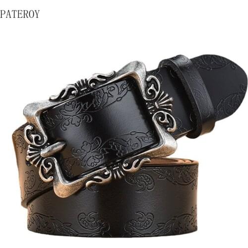 Cowskin Fashion Womens Belts for Women Leather Waist Belt Female Vintage Print Waistband Luxury Designer Brand Gold Pin Buckle