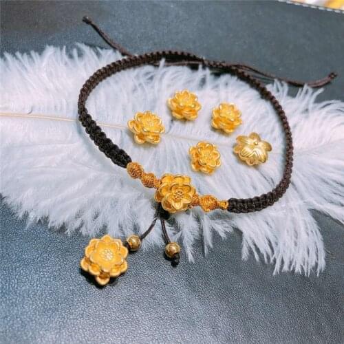 Pure Gold 999 Lotus Rose Flower Brown String Bracelet For Women Female DIY Couple Lover Small Lotus 16cmL