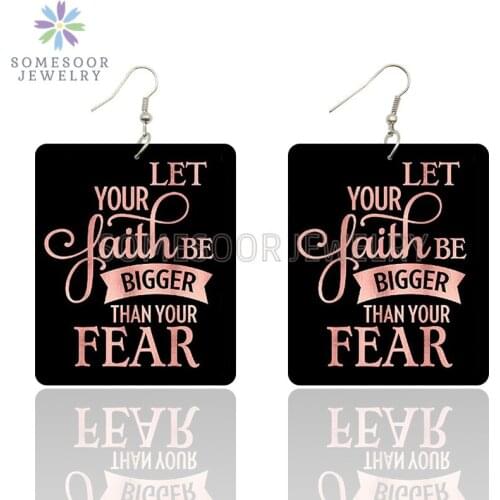 SOMESOOR Faith Over Tear Powerful Sayings Printed Wooden Drop Earrings Black Square Geometric Dangle Jewelry For Women Gifts
