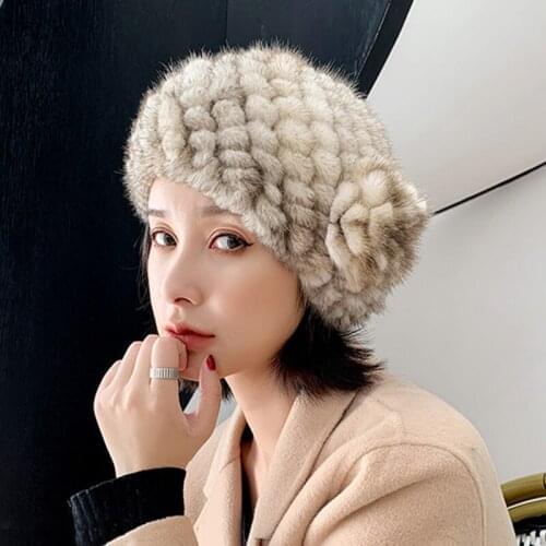 Outdoor Mink Fur Knitted Hats Women Winter Keep Warm High Elasticity Luxury Basin Hat Real Fur Bonnet TZ8643