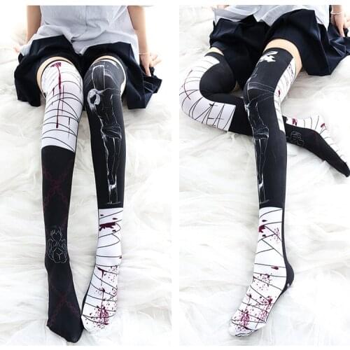 Lolita Gothic Punk Cool Girl Long Over Knee High Socks Cosplay Japanese Harajuku Style Yandere Printing Velvet Stockings Anime