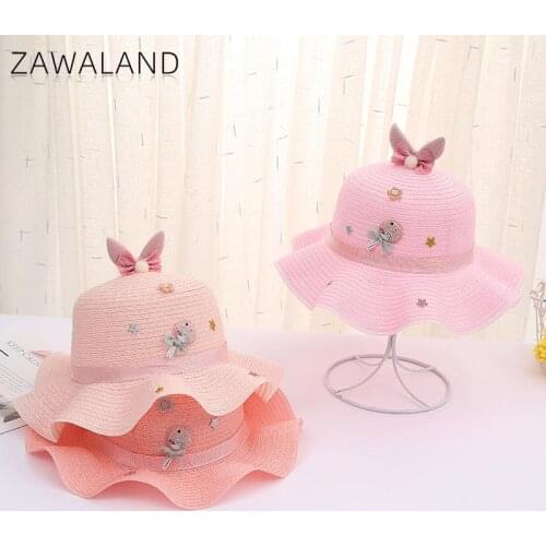 Zawaland 2021 Summer Kids Straw Hats Sun Protection Beach Hat Cute Cartoon Casual Caps with Bow Wave Sun Cap for Traval Outdoor