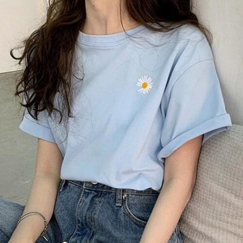 2021 New Korean Sunflower Embroidery Shirts Summer Short Sleeve Women T-Shirt Casual Simple Female Tees Solid Color Loose Tops