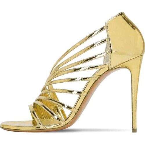 Dipsloot Gold Narrow Bands Patent Leather Slip On Sandals Woman Cover Heel Stiletto Heels Sexy Party Sandals Shoes Plus Size 46