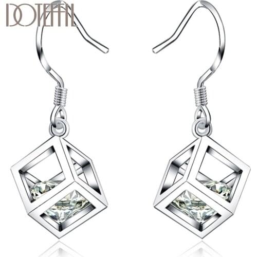 DOTEFFIL 925 Sterling Silver Square Cubic Zircon Earring For Women Lady Wedding Engagement Party Fashion Jewelry