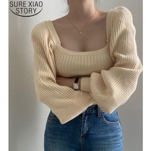 Sweet Square Collar Sweaters Women Knitted Tops Solid Long Sleeve Loose Sweaters Women Temperament Puff Sleeve Sweater 16141
