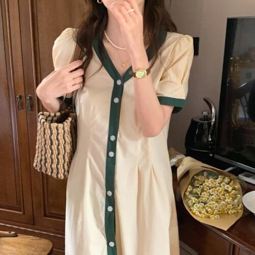 2021 New Women Summer Long Shirt Dress Patchwork V Neck Single Breasted Puff Sleeve Loose Sundress