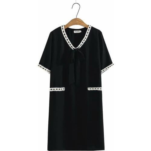 Plus size dress short sleeve V-Neck bow linen summer dresses 2021 black elegant casual womens dresses